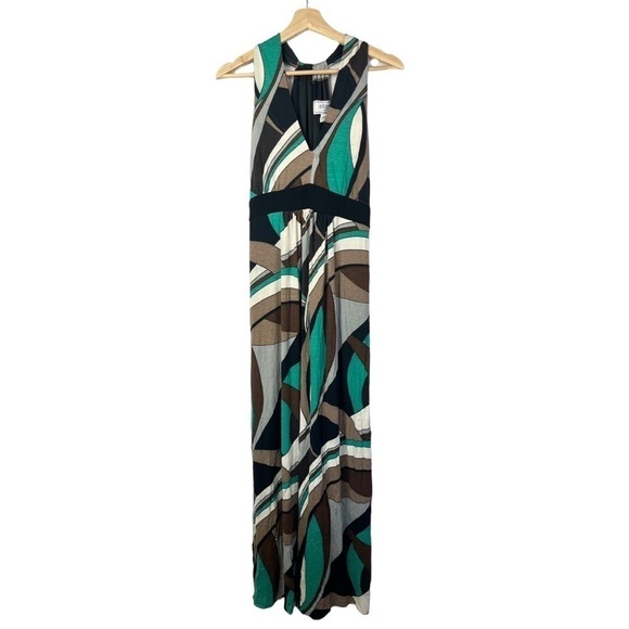 Eliza J Green & Brown Printed V-Neck Fit & Flare Maxi Dress 12 - Picture 1 of 4
